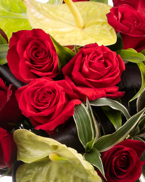 Buchet trandafiri roșii și anthurium