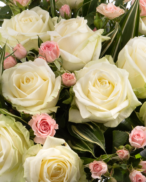 Buchet cu trandafiri albi și roz