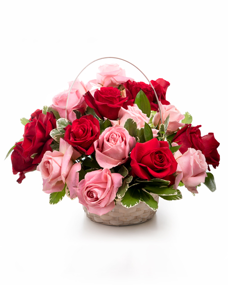 Red and pink roses basket