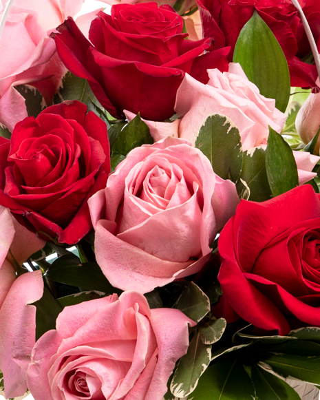 Red and pink roses basket