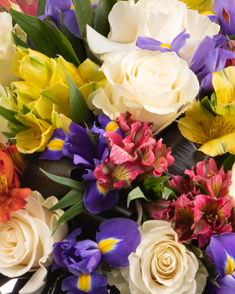 Bouquet of roses alstroemeria and irises