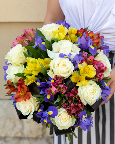 Bouquet of roses alstroemeria and irises