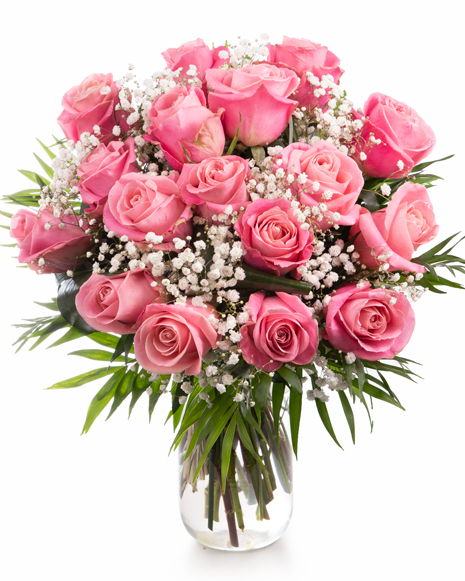 Buchet cu trandafiri roz şi gypsophila