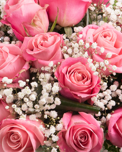 Buchet cu trandafiri roz şi gypsophila