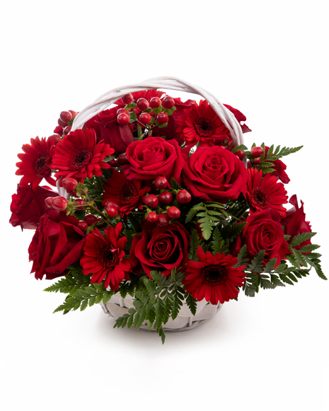 Basket with red gerbera and roses