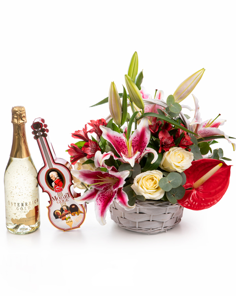 Flowers, chocolate and champagne basket