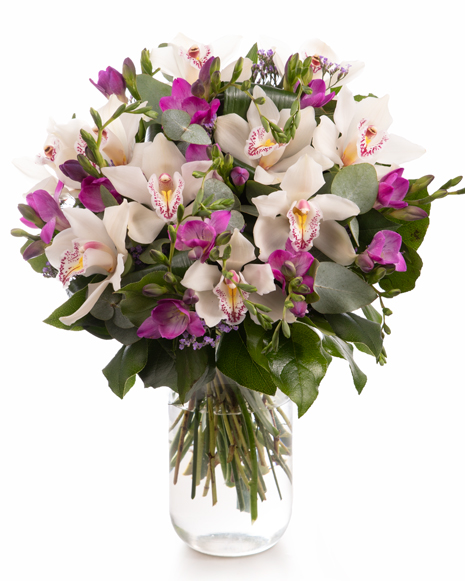 Bouquet with cymbidium orchids and freesias