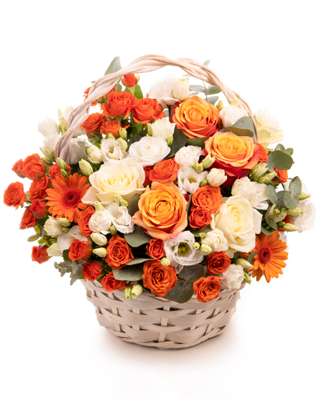 Basket of white and orange flowers