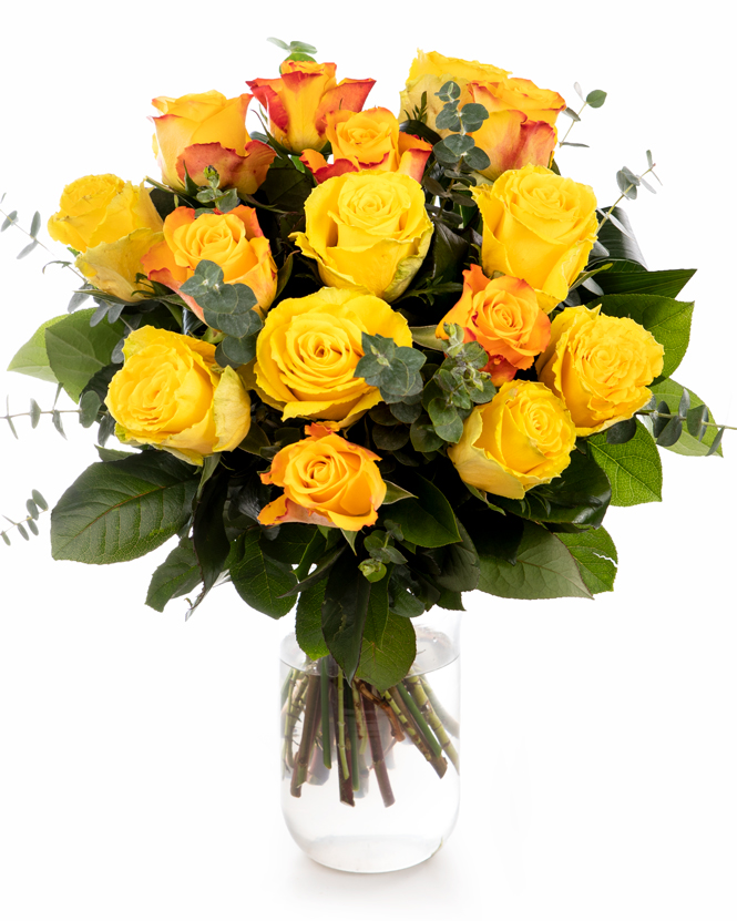 Buchet cu trandafiri galbeni și portocalii