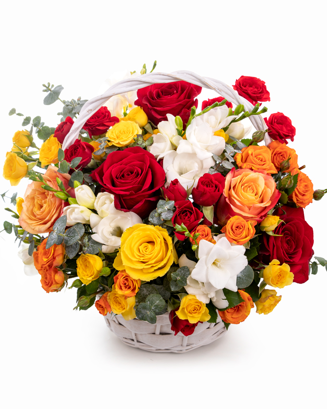 Basket with multicolored roses