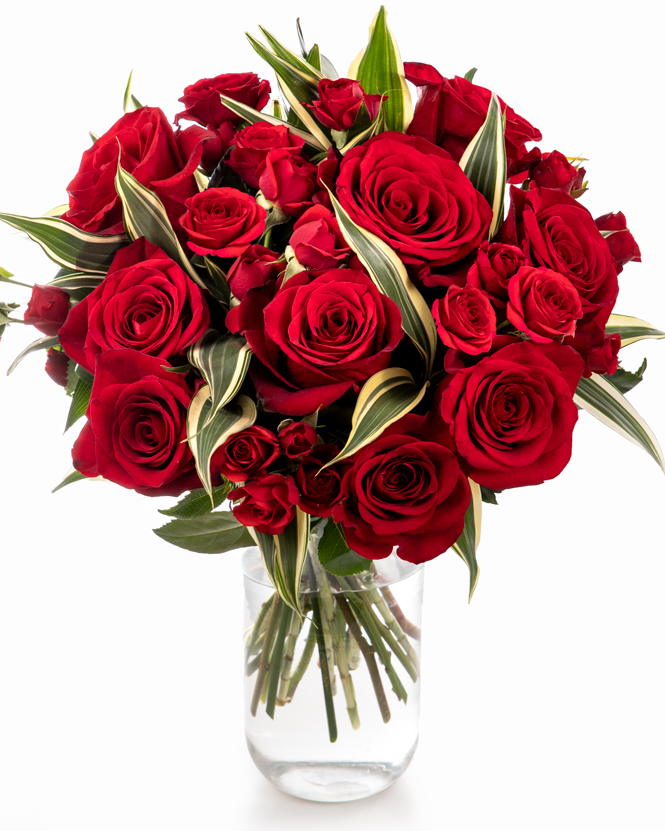 Bouquet with red roses and dracaena