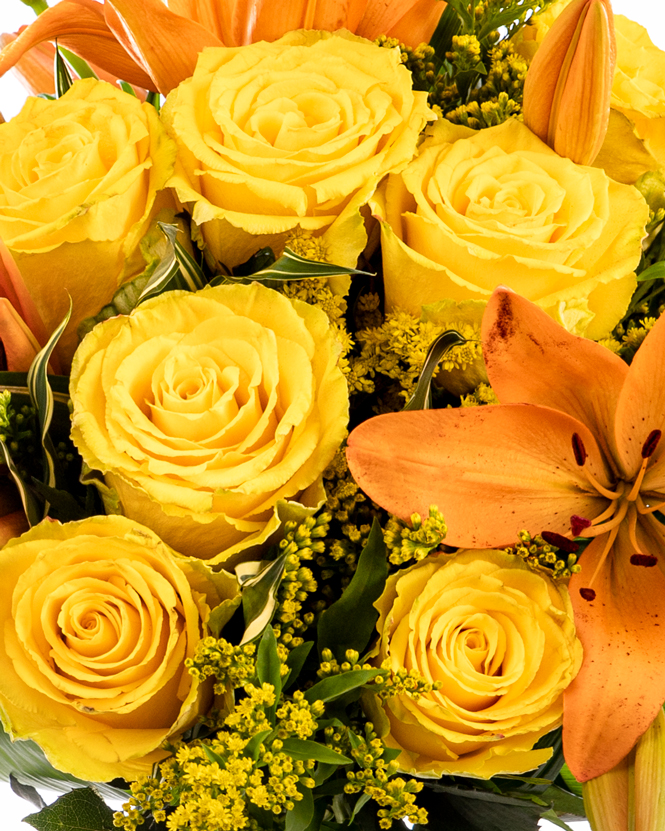 Bouquet of yellow roses and orange lilies