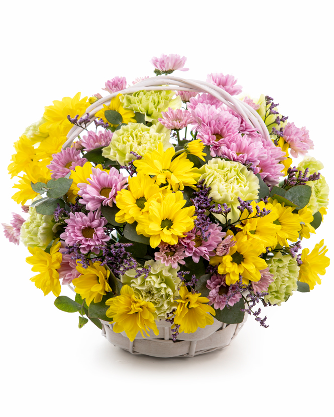 Basket with chrysanthemums and carnations