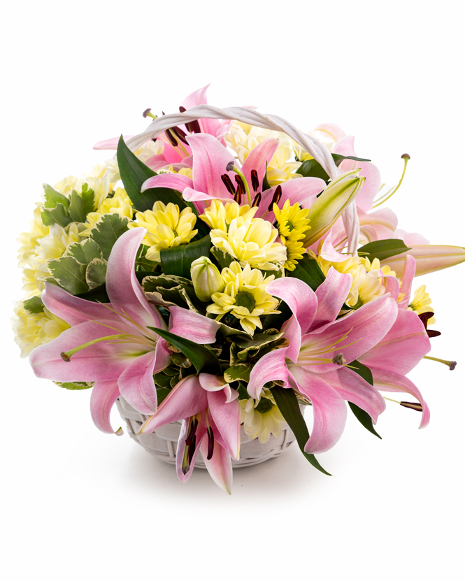 Basket arrangement with lilies