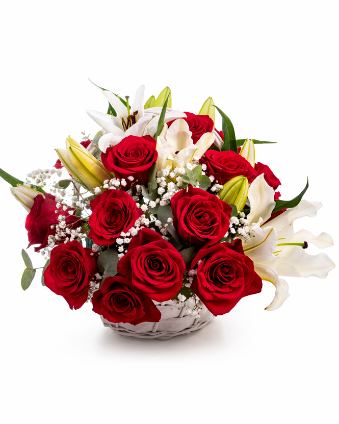 Basket with white lilies and red roses