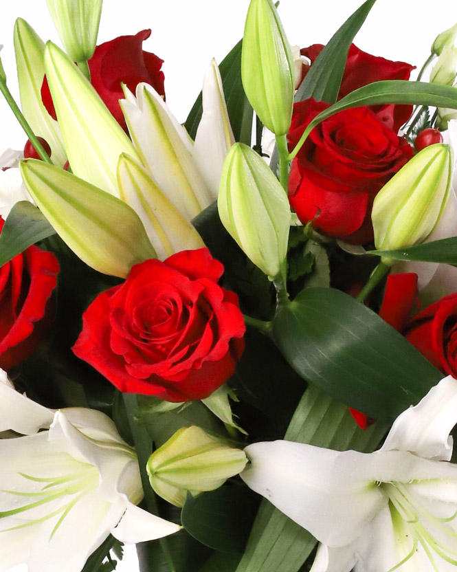 Bouquet with roses, imperial lilies, eustoma