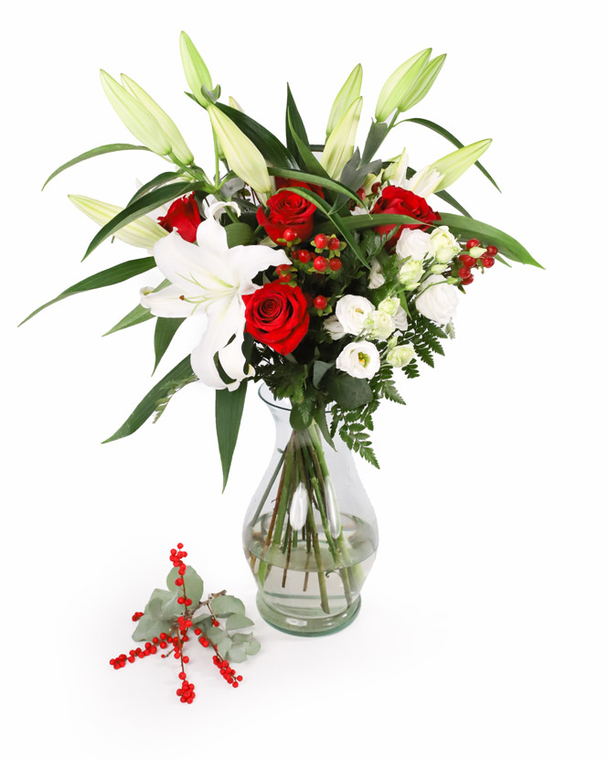 Bouquet with roses, imperial lilies, eustoma