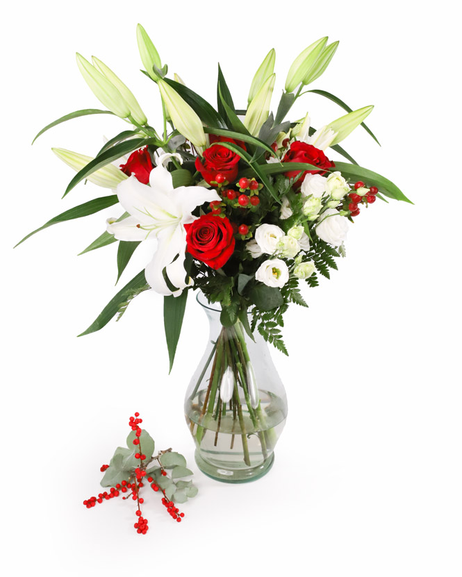 Bouquet with roses, imperial lilies, eustoma