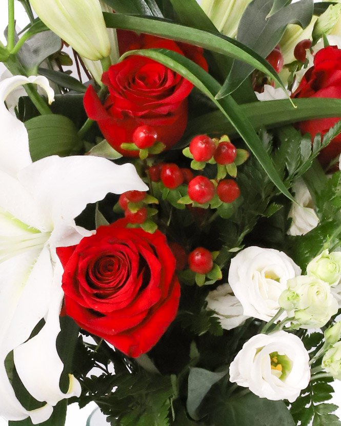 Bouquet with roses, imperial lilies, eustoma