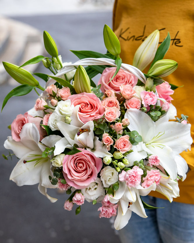 Basket of white and pink flowers