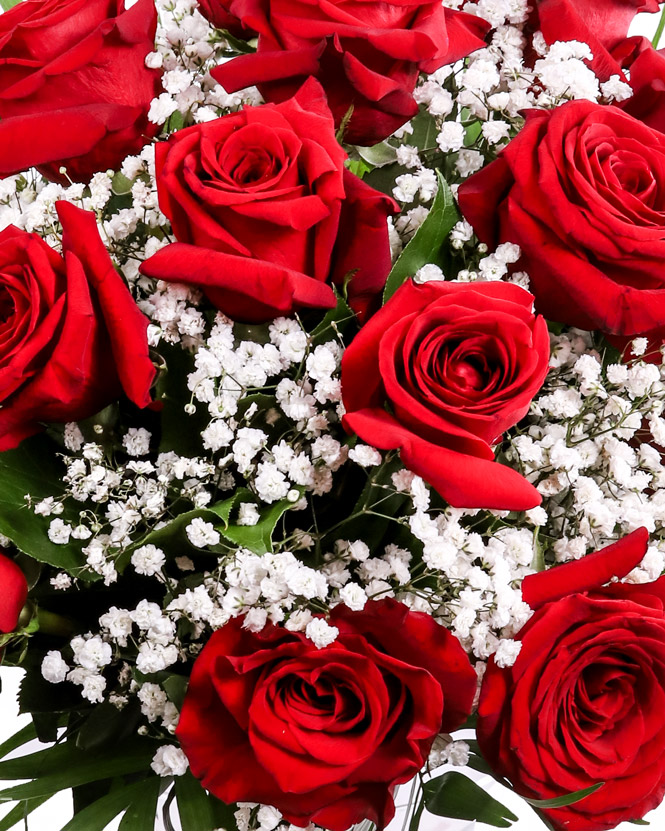 Buchet cu trandafiri roşii şi gypsophila