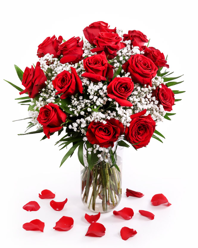 Red roses and gypsophila bouquet