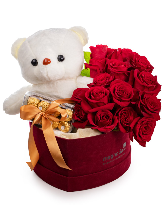 Red roses in heart box