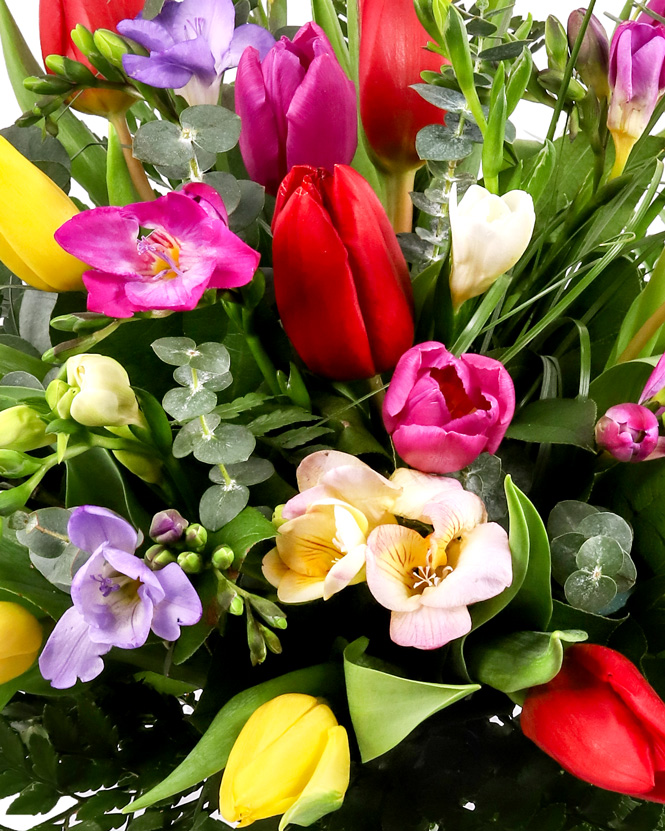 Bouquet with tulips and freesias and greenery