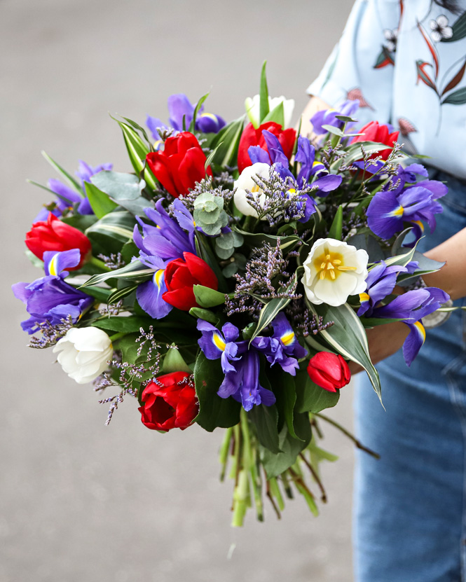 Bouquet of tulips and irises