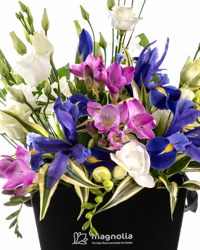 Arrangement with irises and eustoma
