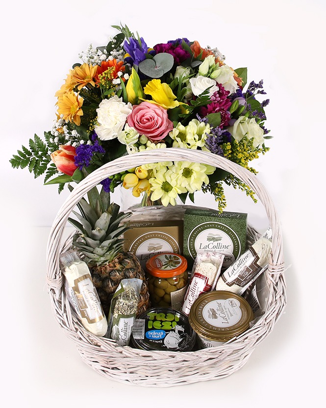 Cheese gift basket and mixed bouquet