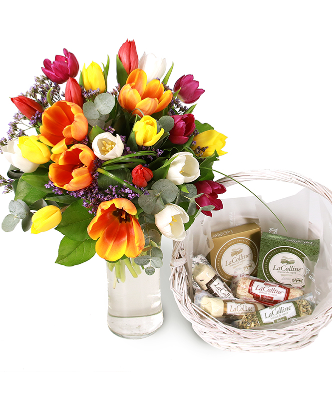 Cheese gift basket and tulip bouquet