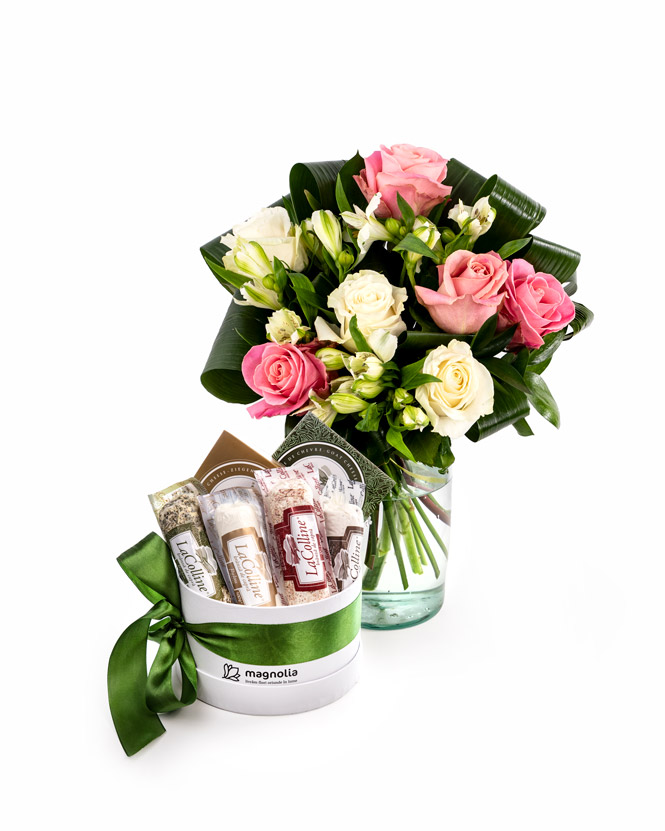 Rose bouquet and cheese box