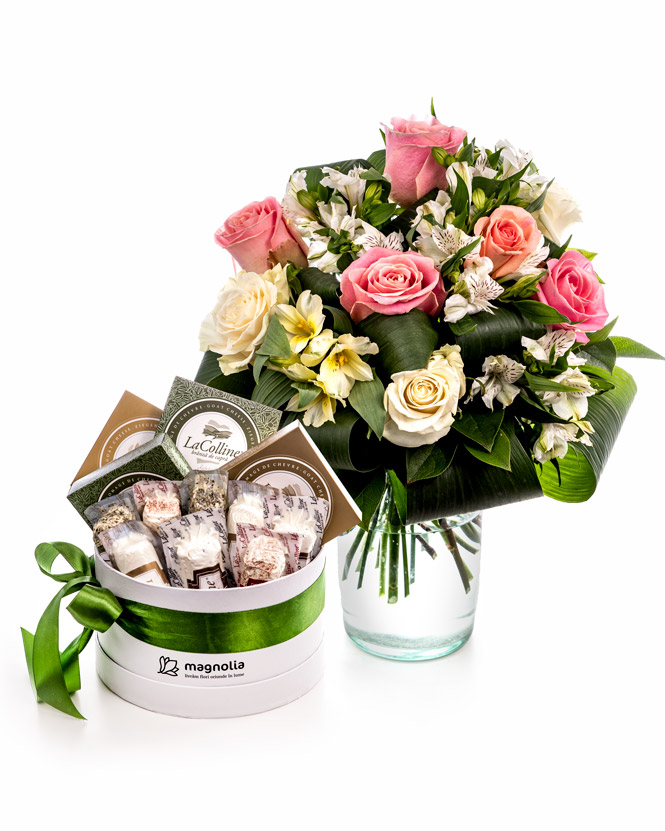 Rose bouquet and cheese box