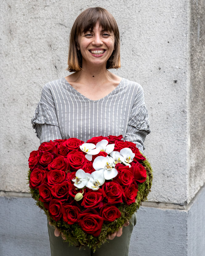 Rose and orchid heart arrangement