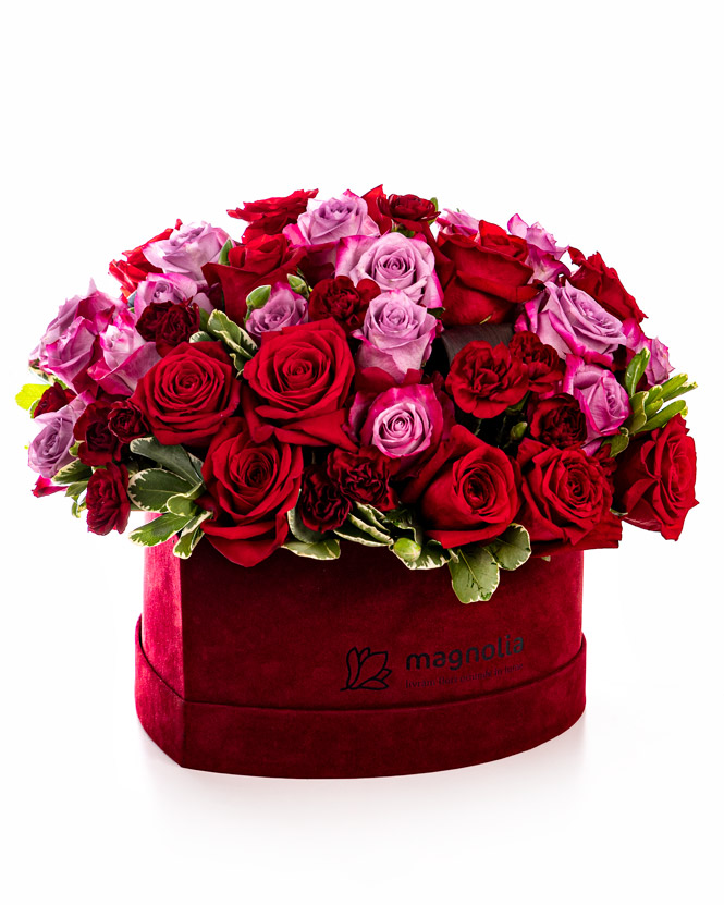 Heart box with purple and red roses