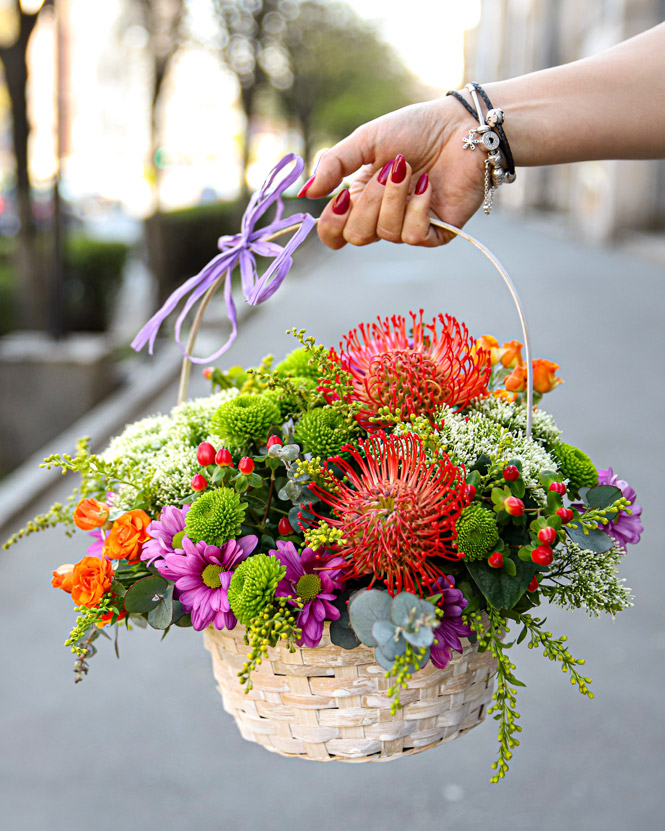 Basket with bright flowers