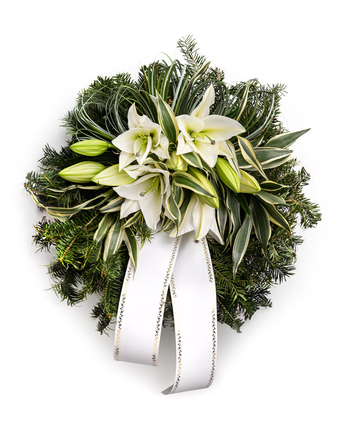 Funeral wreath with white lilies