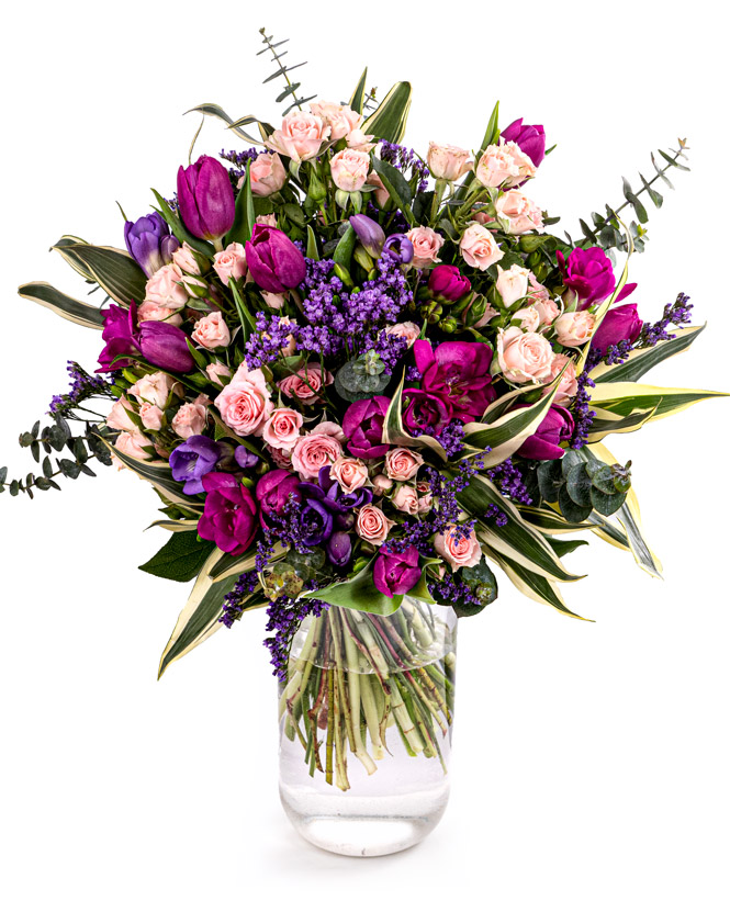 Bouquet with miniature roses, freesias and tulips