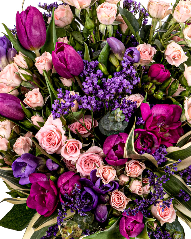 Bouquet with miniature roses, freesias and tulips