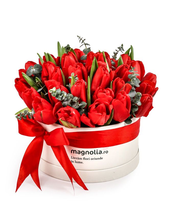 Box with red tulips