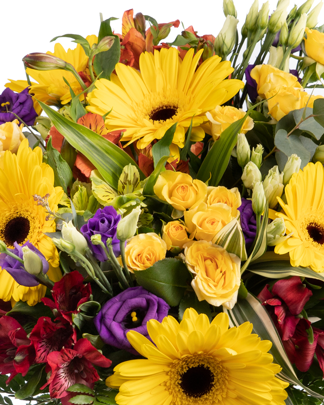 Buchet cu gerbera, trandafiri şi alstroemeria 