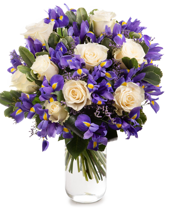 Bouquet with white roses and irises