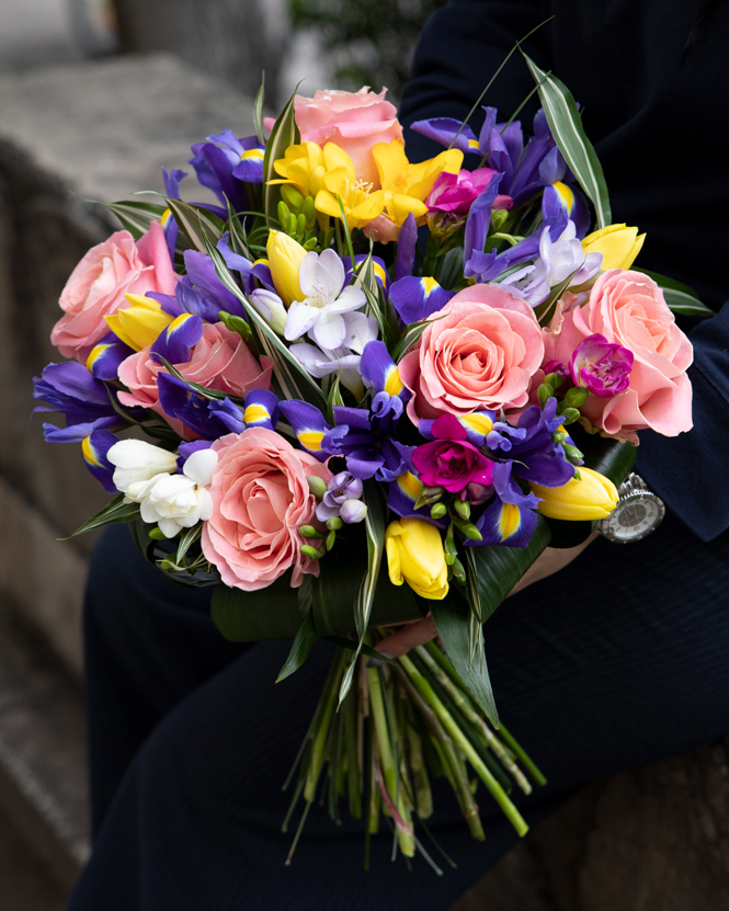 Irises, tulips and freesias bouquet