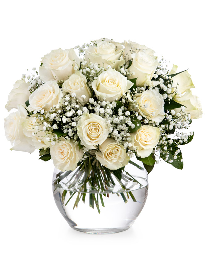 Bouquet of white roses and gypsophila