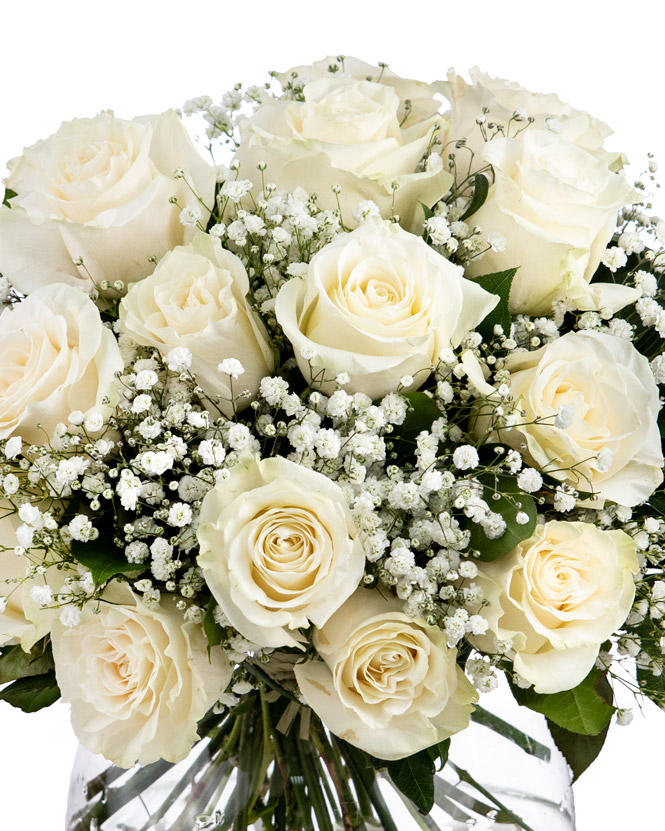Bouquet of white roses and gypsophila