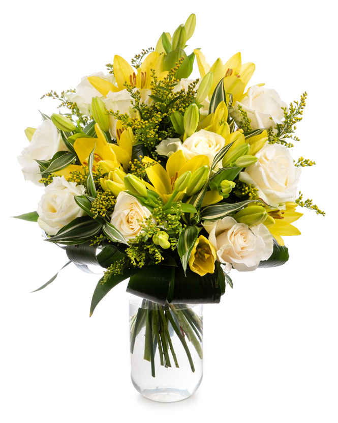 Bouquet yellow lilies and white roses