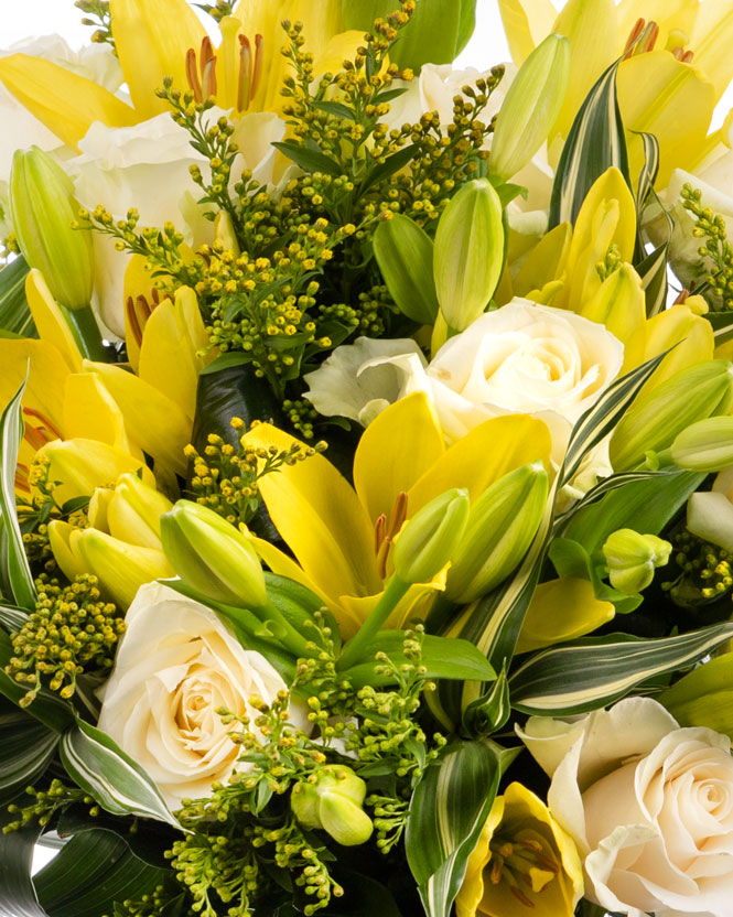 Bouquet yellow lilies and white roses