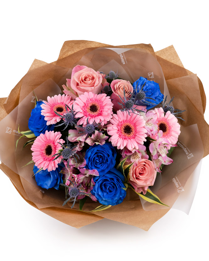 Bouquet with blue roses and germini