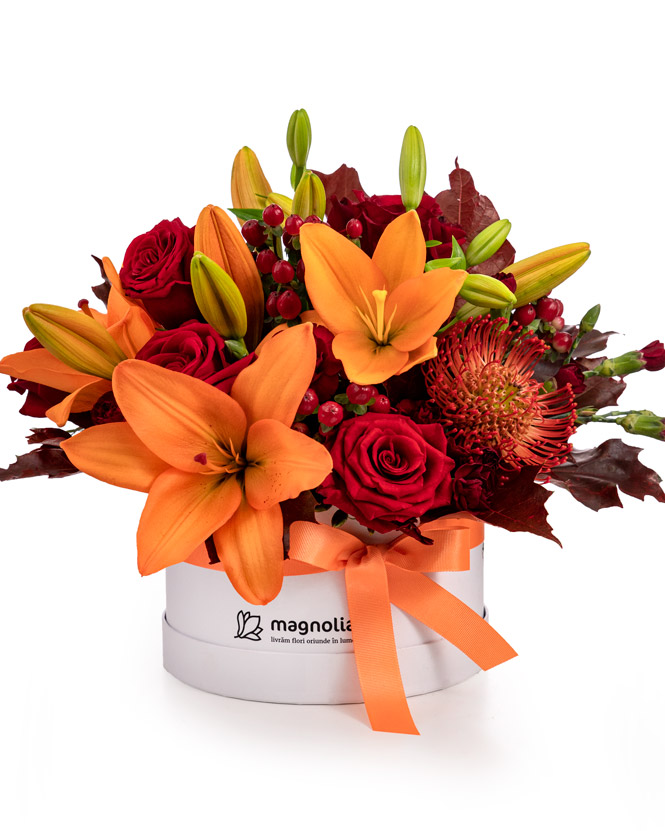 Red roses and orange lilies box